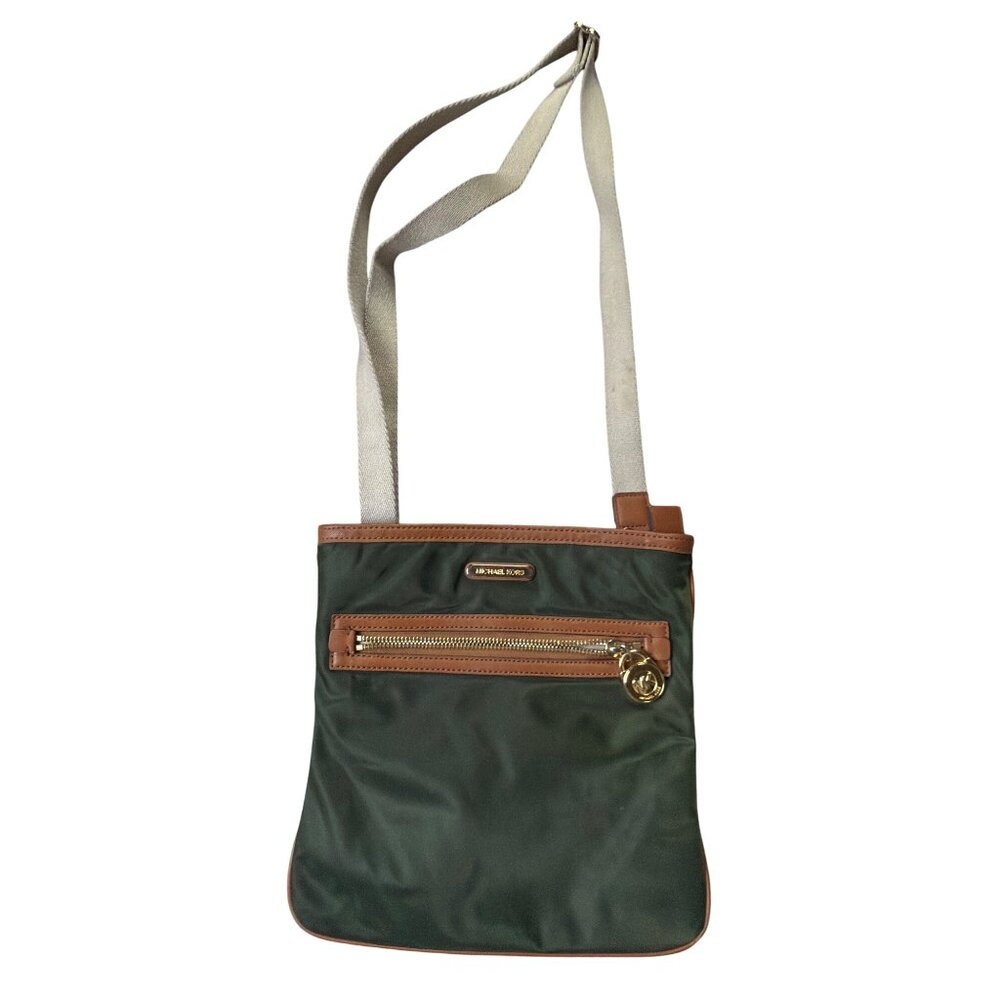 Michael Kors Crossbody Bag Green & Brown Nylon Leather Accents Adjustable Strap